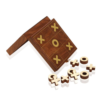 Foldable Sheesham Wood Tic Tac Toe with Brass Coins | Verified Sustainable by Brown Living™