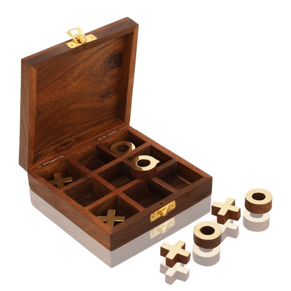 Foldable Sheesham Wood Tic Tac Toe with Brass Coins | Verified Sustainable by Brown Living™