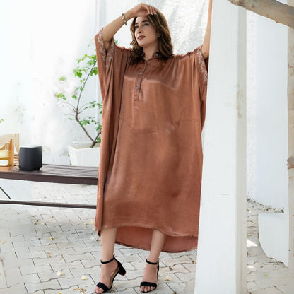 French Beige Real Silver Band Collar Mashru Kaftan | Verified Sustainable by Brown Living™