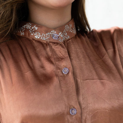 French Beige Real Silver Band Collar Mashru Kaftan | Verified Sustainable by Brown Living™