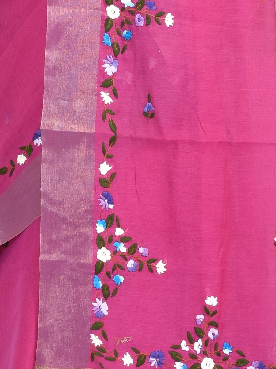 Fuchsia Pink Linen Saree with Floral Design Hand Embroidery and Golden Zari border | Verified Sustainable by Brown Living™