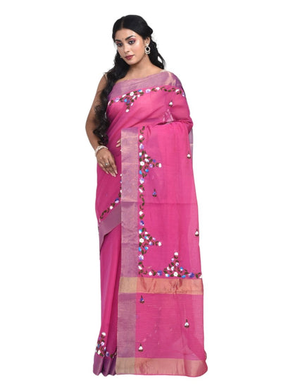 Fuchsia Pink Linen Saree with Floral Design Hand Embroidery and Golden Zari border | Verified Sustainable by Brown Living™