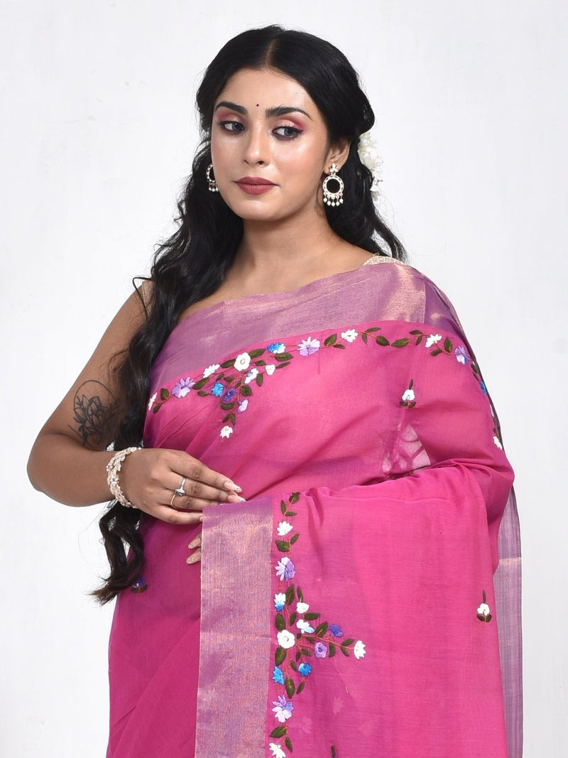 Fuchsia Pink Linen Saree with Floral Design Hand Embroidery and Golden Zari border | Verified Sustainable by Brown Living™