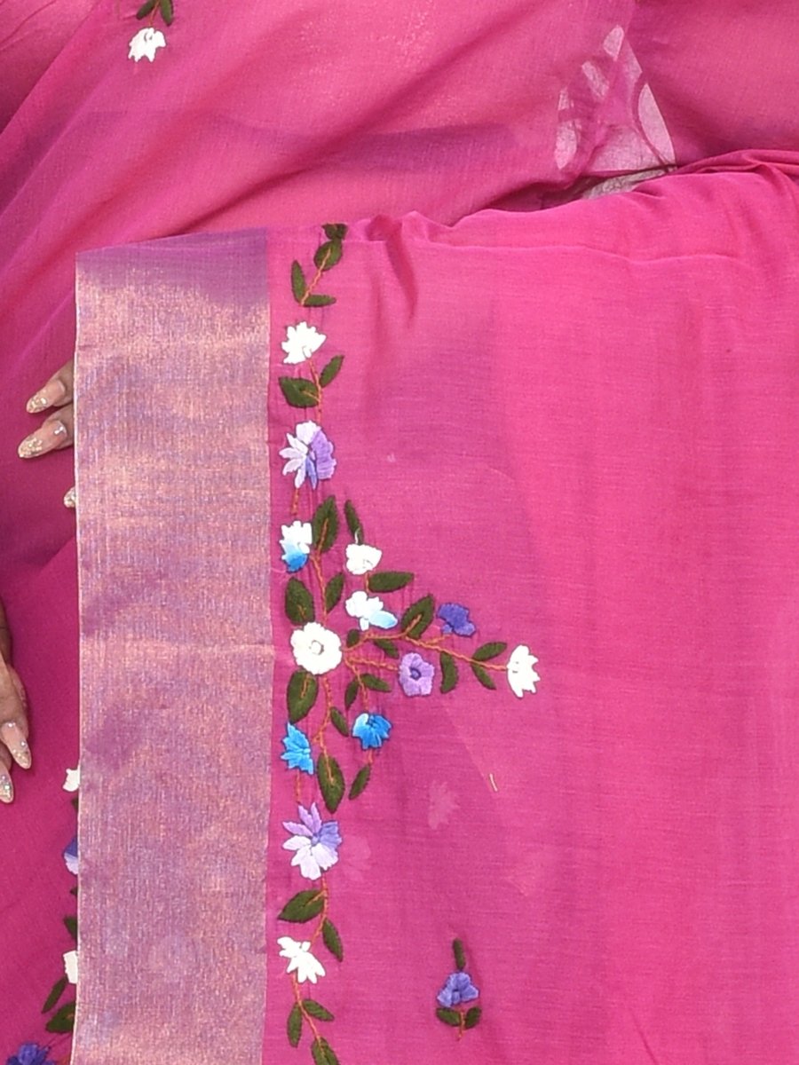 Fuchsia Pink Linen Saree with Floral Design Hand Embroidery and Golden Zari border | Verified Sustainable by Brown Living™