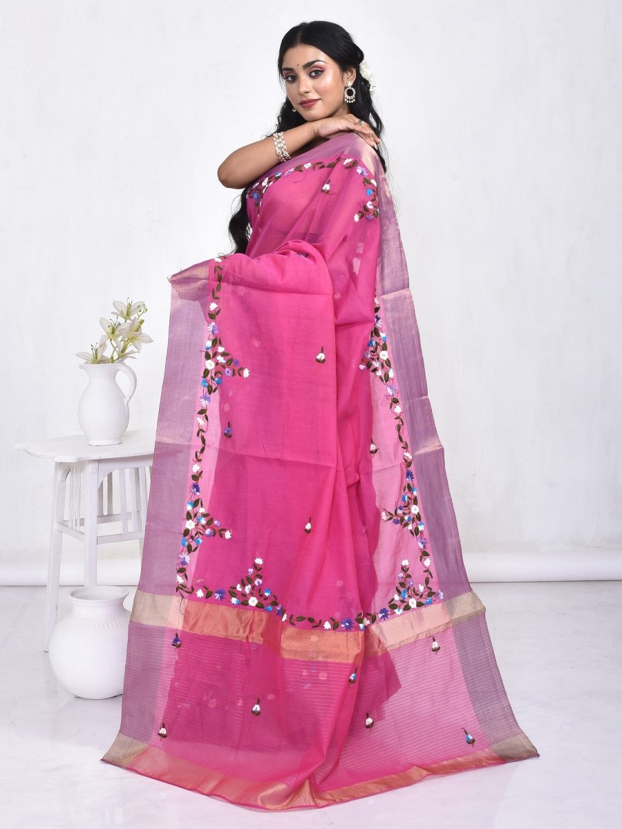 Fuchsia Pink Linen Saree with Floral Design Hand Embroidery and Golden Zari border | Verified Sustainable by Brown Living™