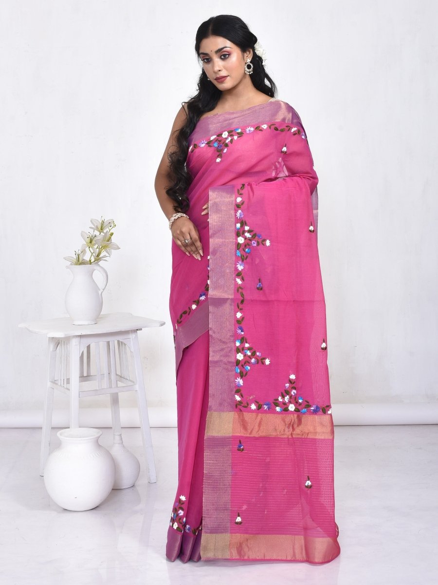 Fuchsia Pink Linen Saree with Floral Design Hand Embroidery and Golden Zari border | Verified Sustainable by Brown Living™