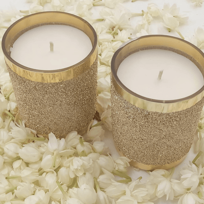 Golden Glass Candles with Shimmer Finish - Set of 2 – Candles & Fragrances on Brown Living™. SKU: SND2415. Img 3.