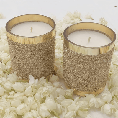 Golden Glass Candles with Shimmer Finish - Set of 2 – Candles & Fragrances on Brown Living™. SKU: SND2415. Img 2.