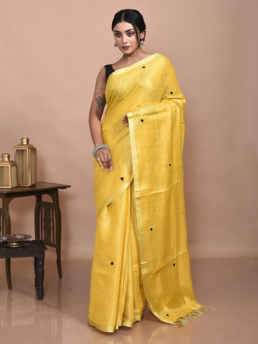 Golden Linen Saree with Sunflower Design Hand Embroidery and Golden Zari Border | Verified Sustainable by Brown Living™