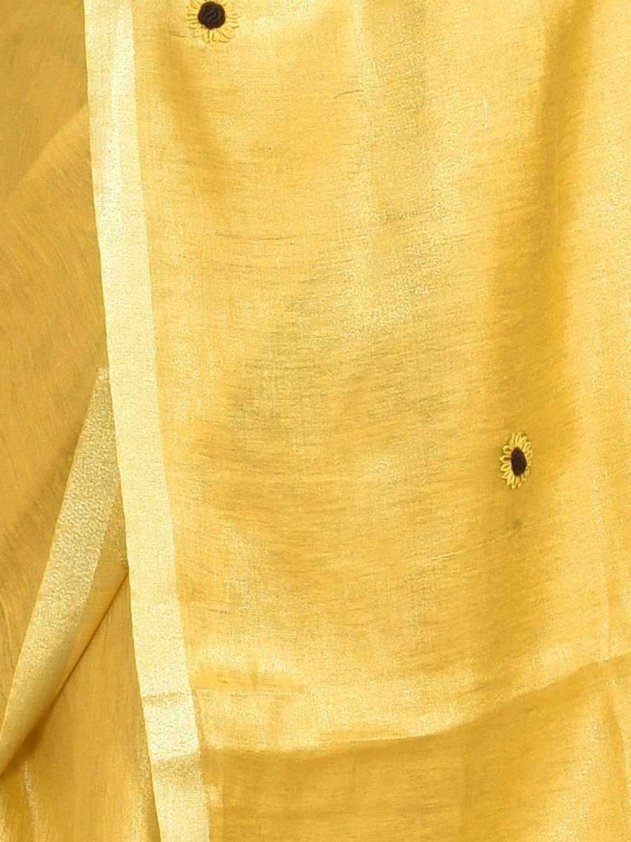 Golden Linen Saree with Sunflower Design Hand Embroidery and Golden Zari Border | Verified Sustainable by Brown Living™