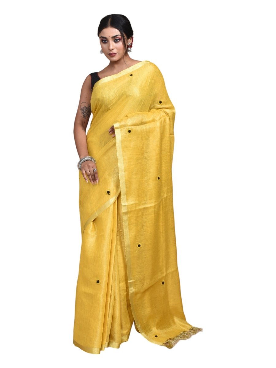 Golden Linen Saree with Sunflower Design Hand Embroidery and Golden Zari Border | Verified Sustainable by Brown Living™