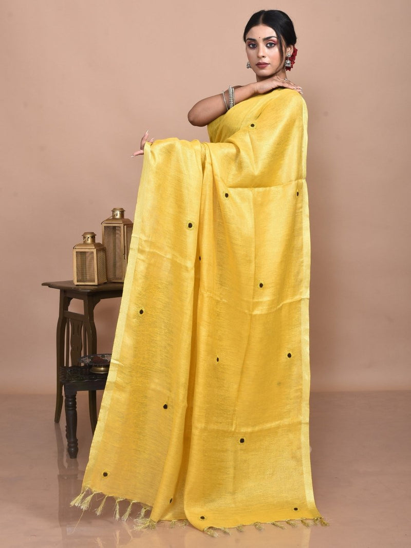 Golden Linen Saree with Sunflower Design Hand Embroidery and Golden Zari Border | Verified Sustainable by Brown Living™