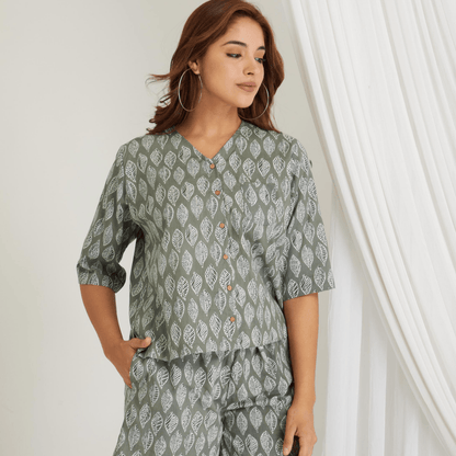 Green Cotton Leafy Printed Co - Ord Shorts Set – Loungewear | Verified Sustainable by Brown Living™