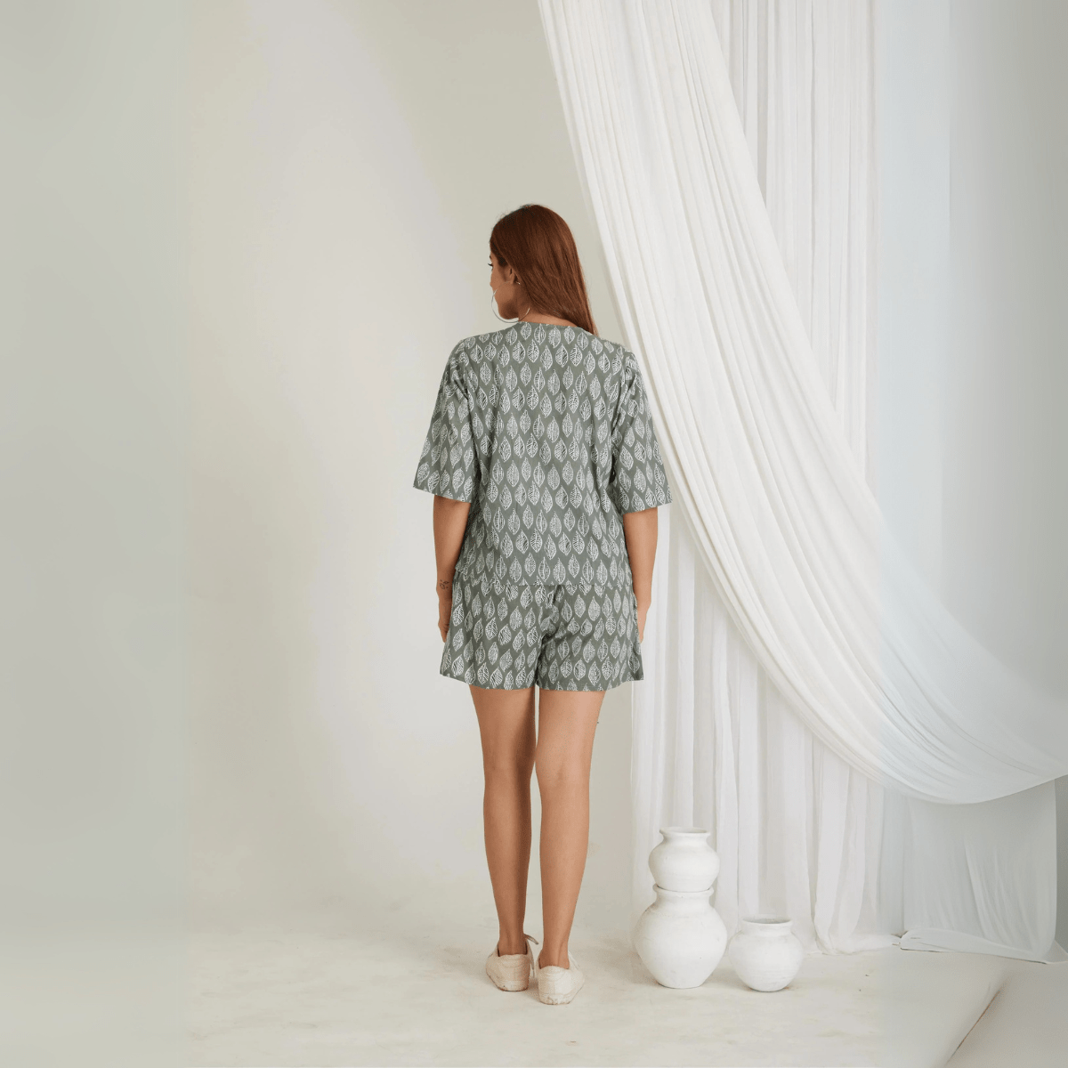 Green Cotton Leafy Printed Co - Ord Shorts Set – Loungewear | Verified Sustainable by Brown Living™