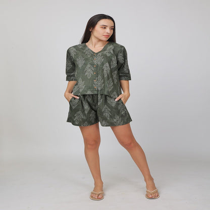 Green Cotton Printed Loungewear Top & Shorts – Indian Motif | Verified Sustainable by Brown Living™