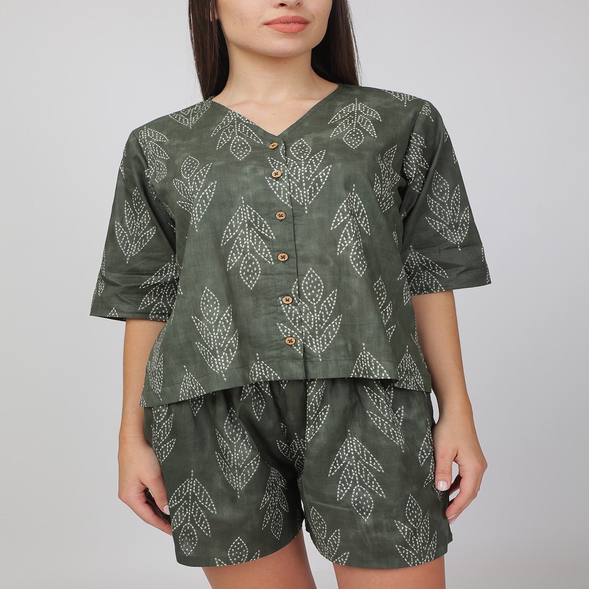 Green Cotton Printed Loungewear Top & Shorts – Indian Motif | Verified Sustainable by Brown Living™