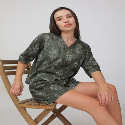 Green Cotton Printed Loungewear Top & Shorts – Indian Motif | Verified Sustainable by Brown Living™