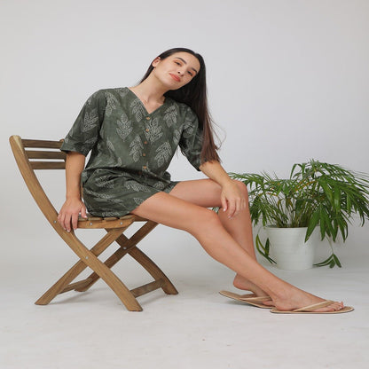 Green Cotton Printed Loungewear Top & Shorts – Indian Motif | Verified Sustainable by Brown Living™