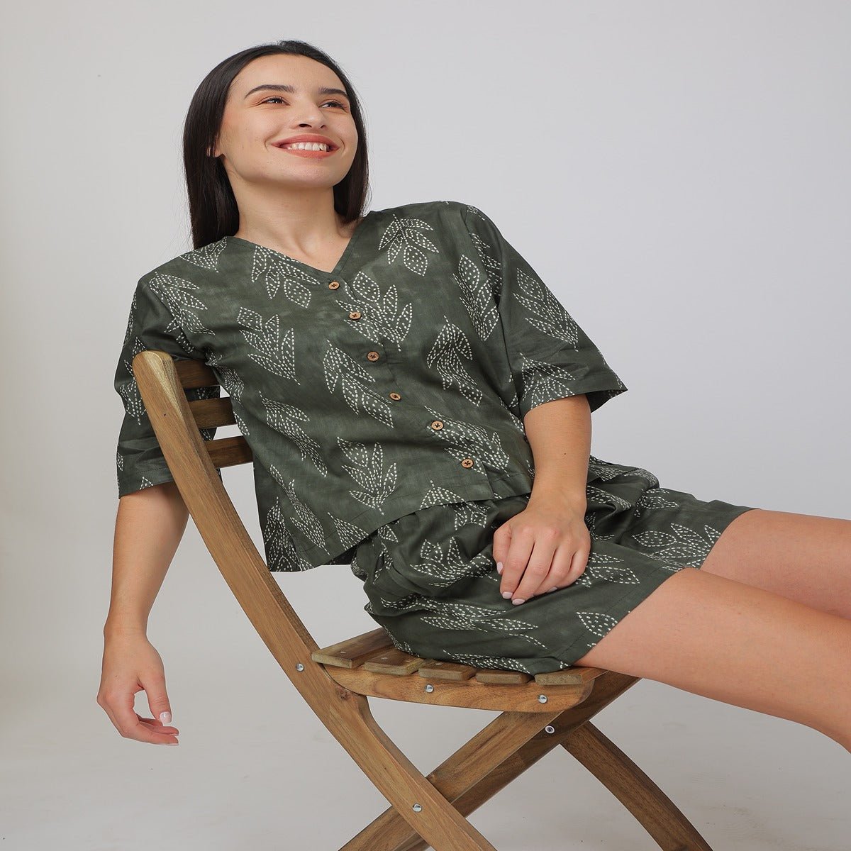 Green Cotton Printed Loungewear Top & Shorts – Indian Motif | Verified Sustainable by Brown Living™