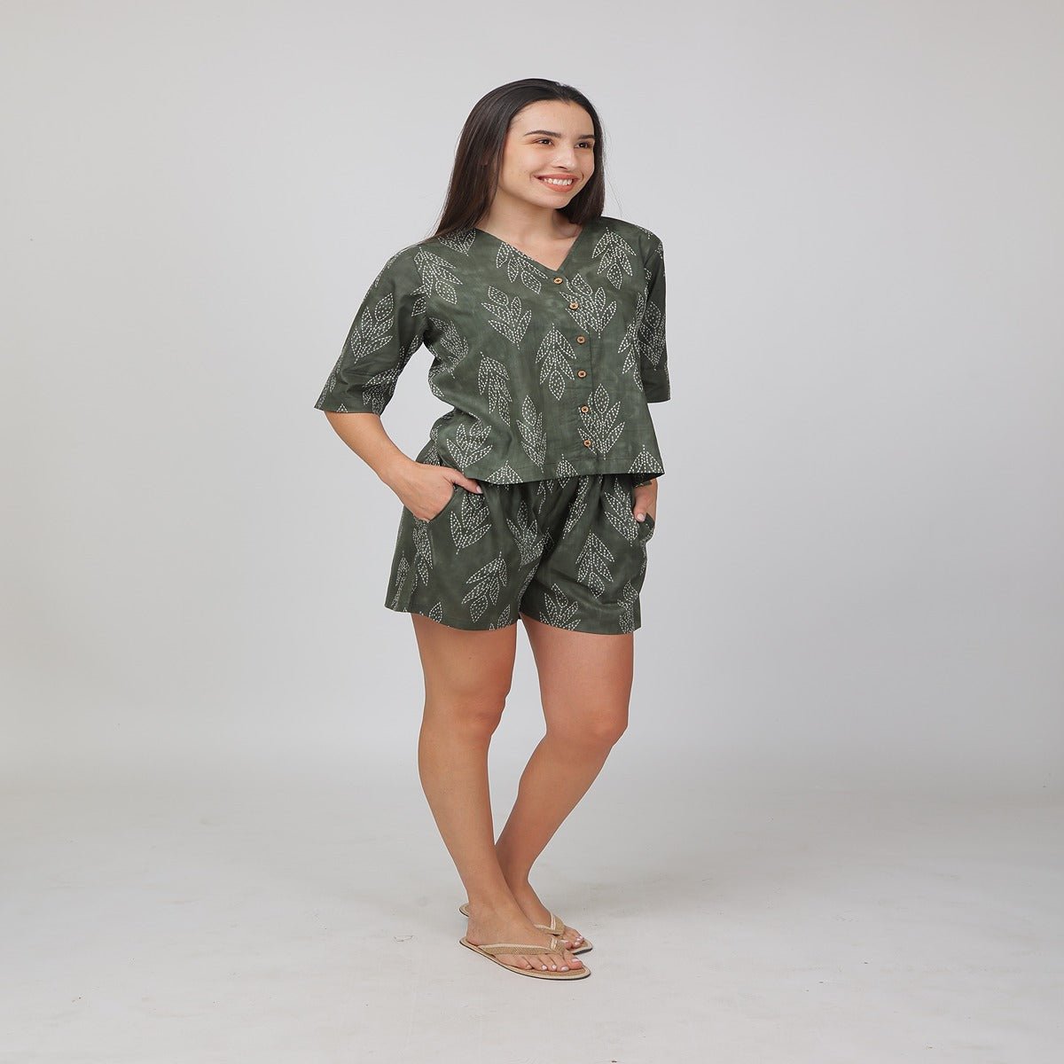 Green Cotton Printed Loungewear Top & Shorts – Indian Motif | Verified Sustainable by Brown Living™