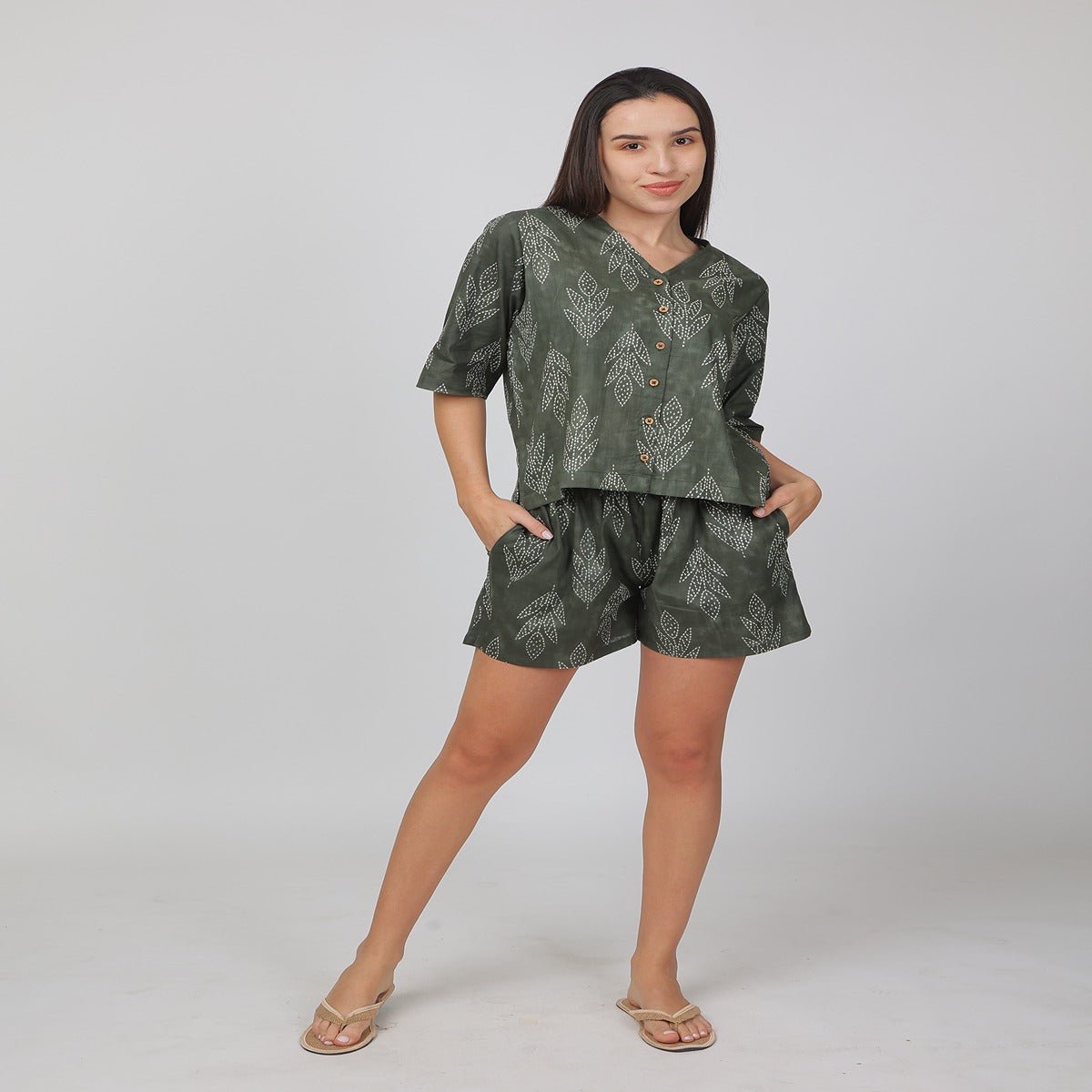 Green Cotton Printed Loungewear Top & Shorts – Indian Motif | Verified Sustainable by Brown Living™