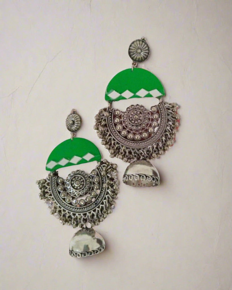 Green Oxidized Heavy Long Jhumka With Ghungroos | Verified Sustainable by Brown Living™