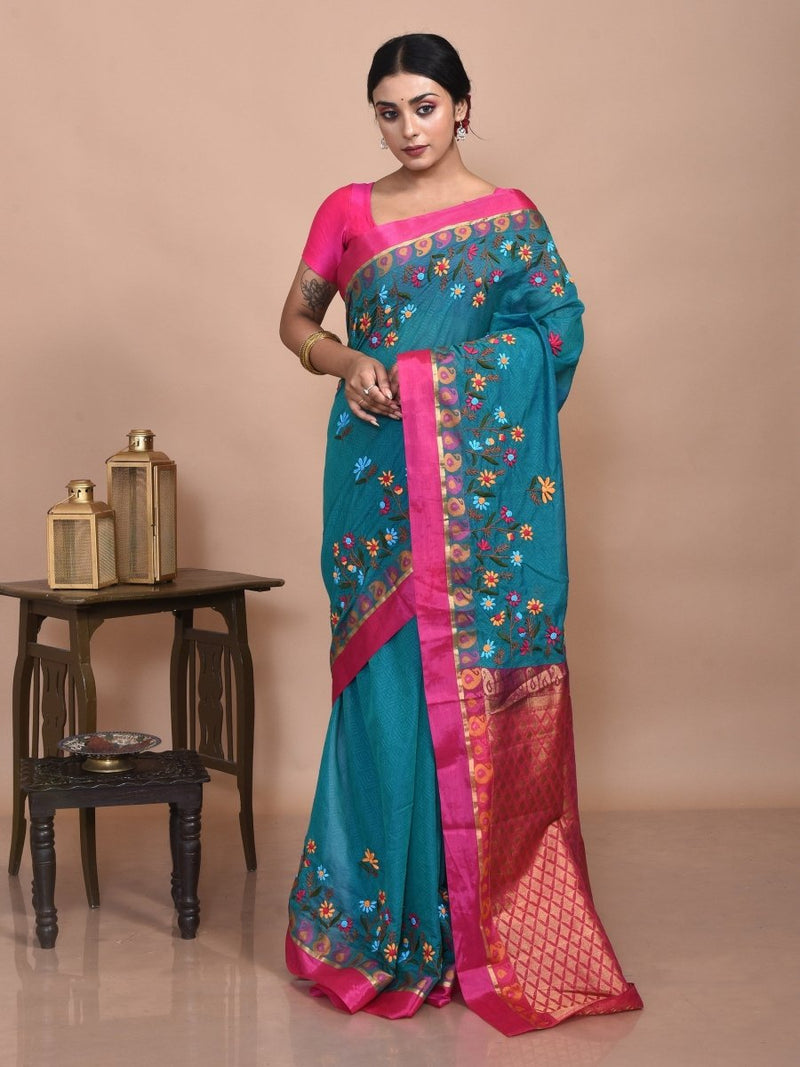 Green South Cotton Saree with Floral Hand Embroidery and Pink Border | Verified Sustainable by Brown Living™