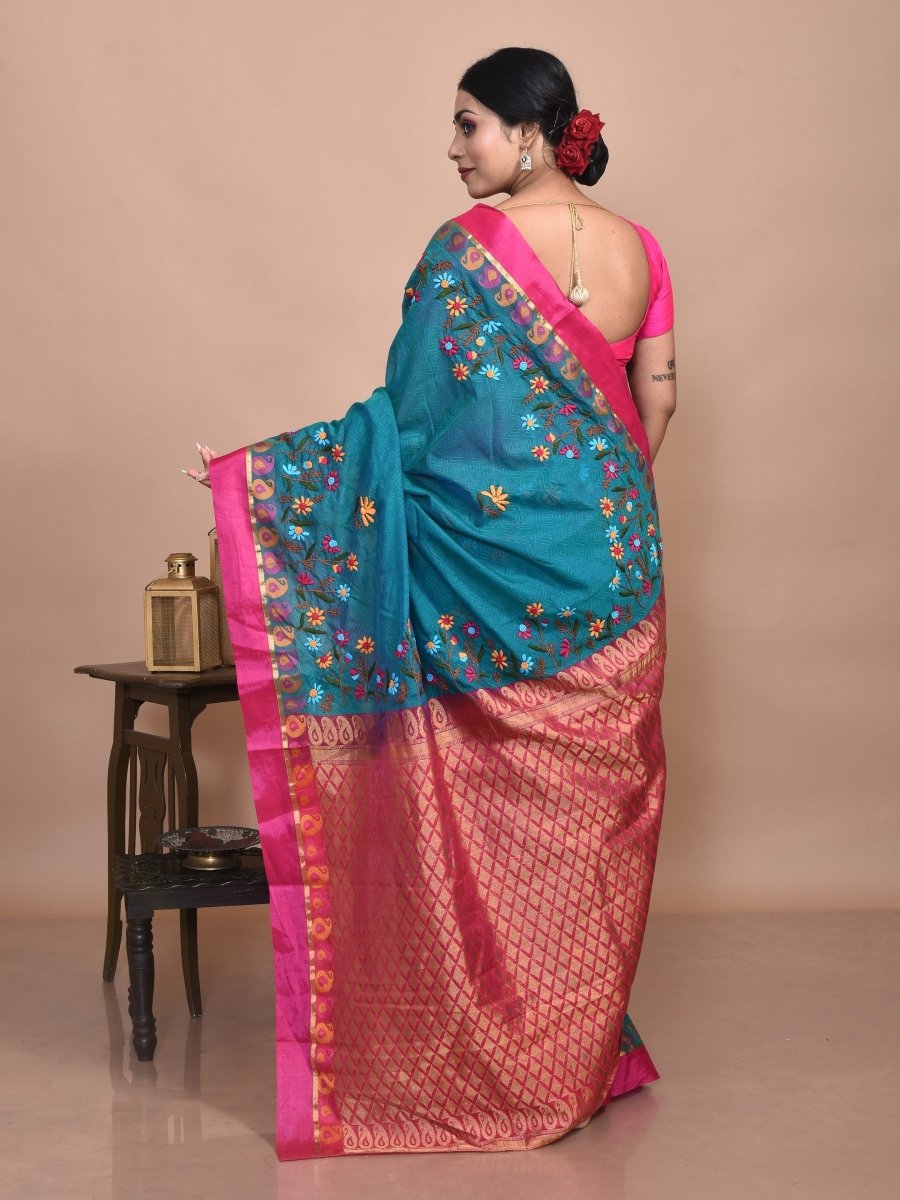 Green South Cotton Saree with Floral Hand Embroidery and Pink Border | Verified Sustainable by Brown Living™