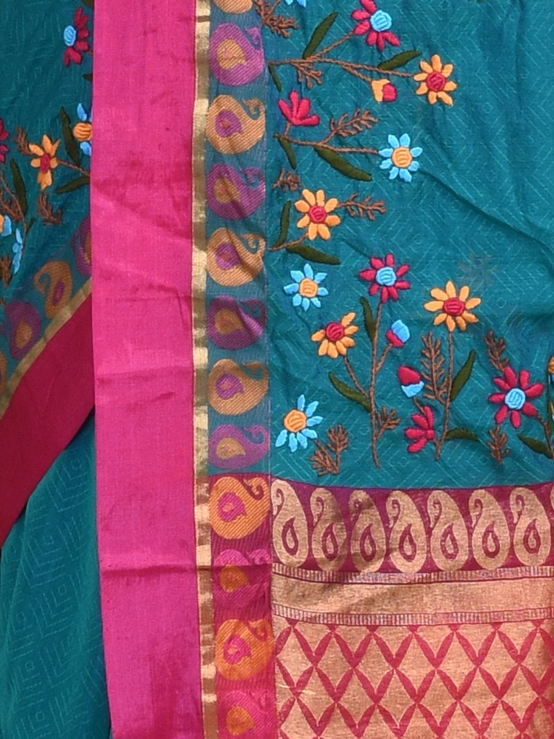 Green South Cotton Saree with Floral Hand Embroidery and Pink Border | Verified Sustainable by Brown Living™