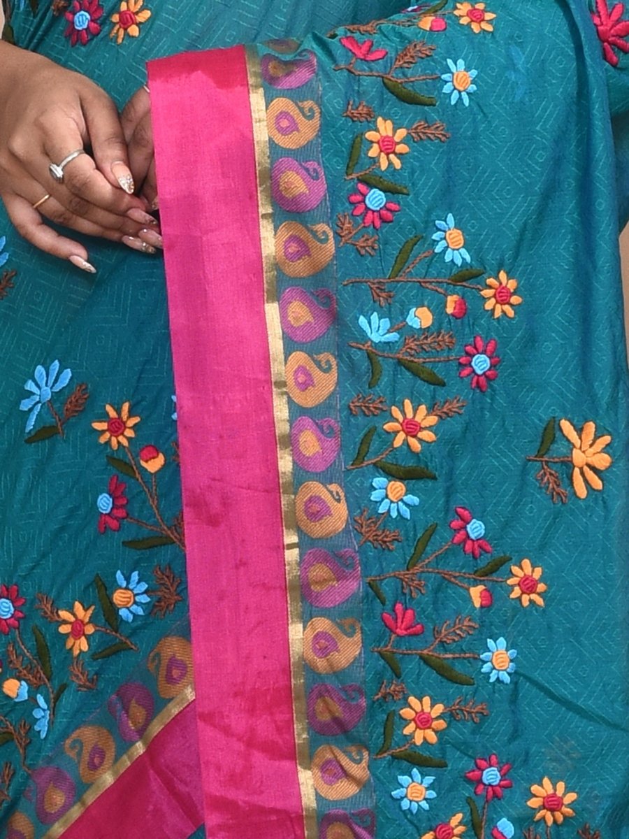 Green South Cotton Saree with Floral Hand Embroidery and Pink Border | Verified Sustainable by Brown Living™