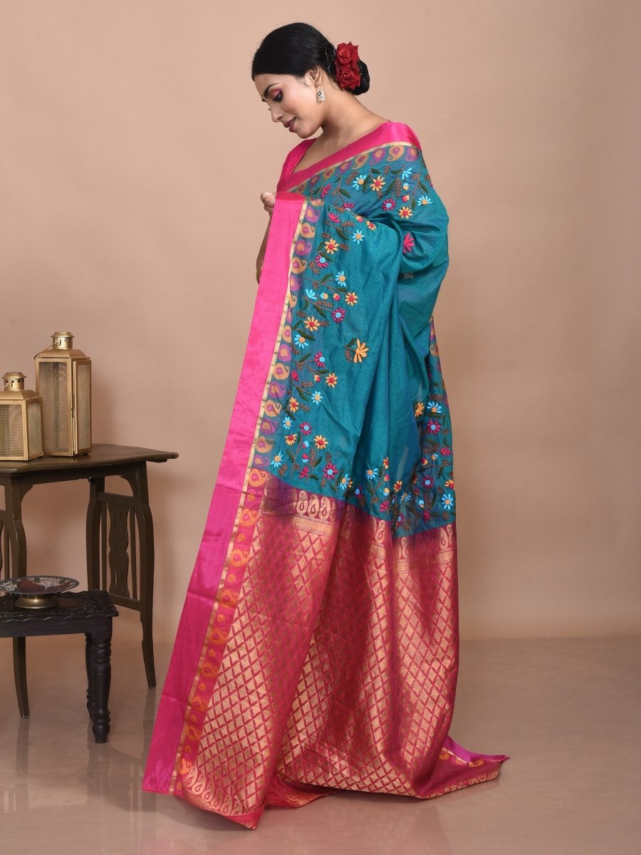 Green South Cotton Saree with Floral Hand Embroidery and Pink Border | Verified Sustainable by Brown Living™