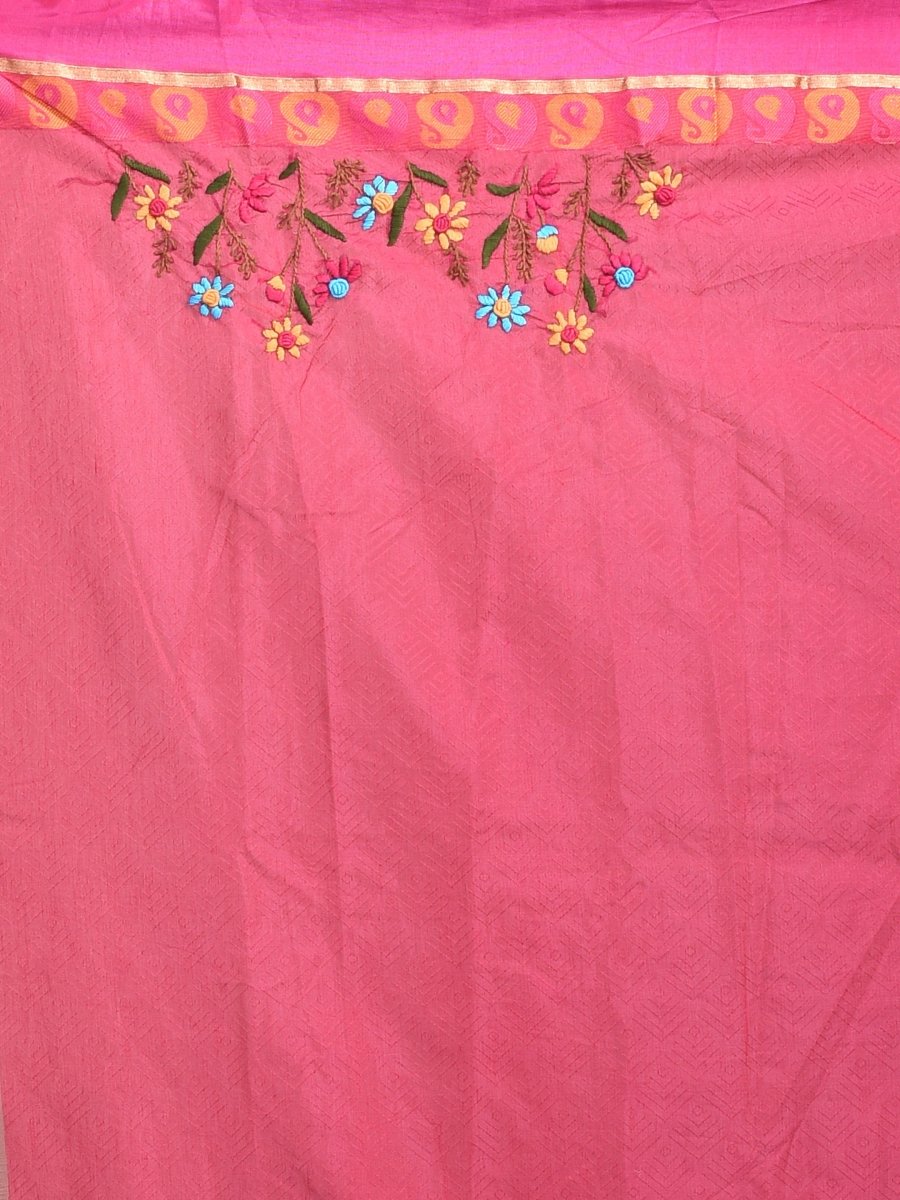 Green South Cotton Saree with Floral Hand Embroidery and Pink Border | Verified Sustainable by Brown Living™