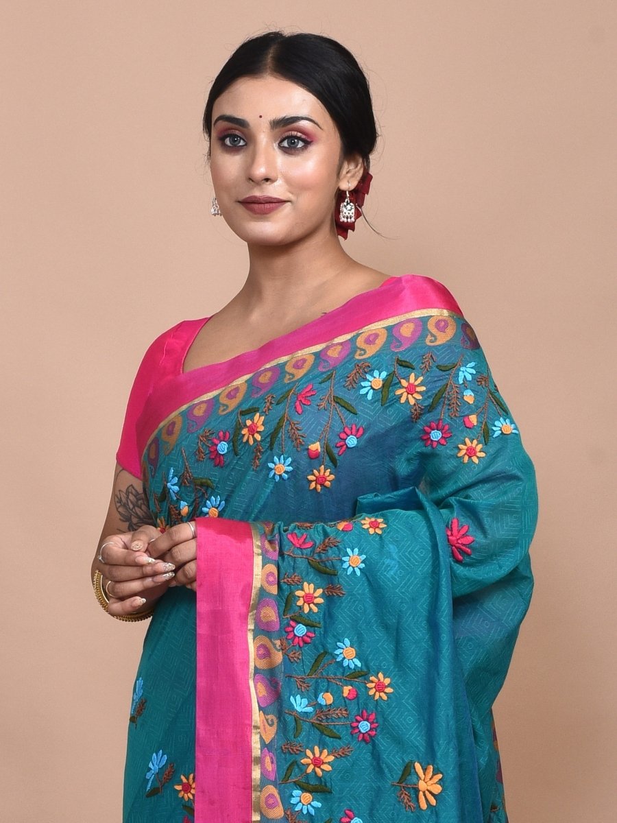 Green South Cotton Saree with Floral Hand Embroidery and Pink Border | Verified Sustainable by Brown Living™