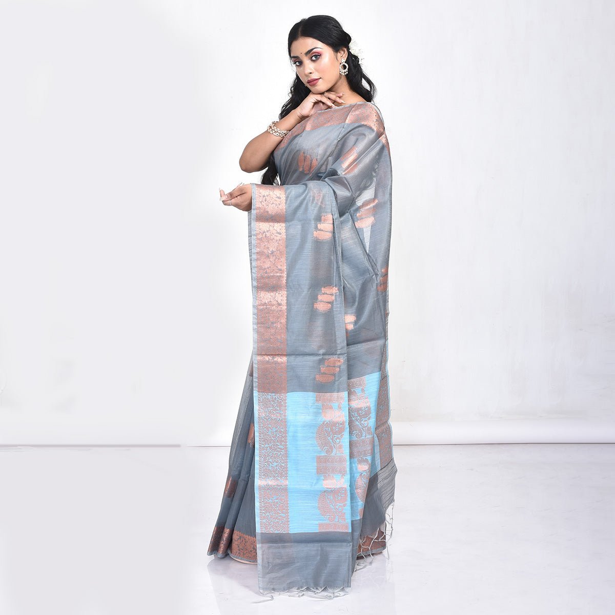 Grey Banaras Cotton Saree | Verified Sustainable by Brown Living™