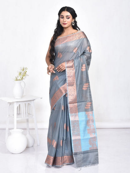 Grey Banaras Cotton Saree | Verified Sustainable by Brown Living™