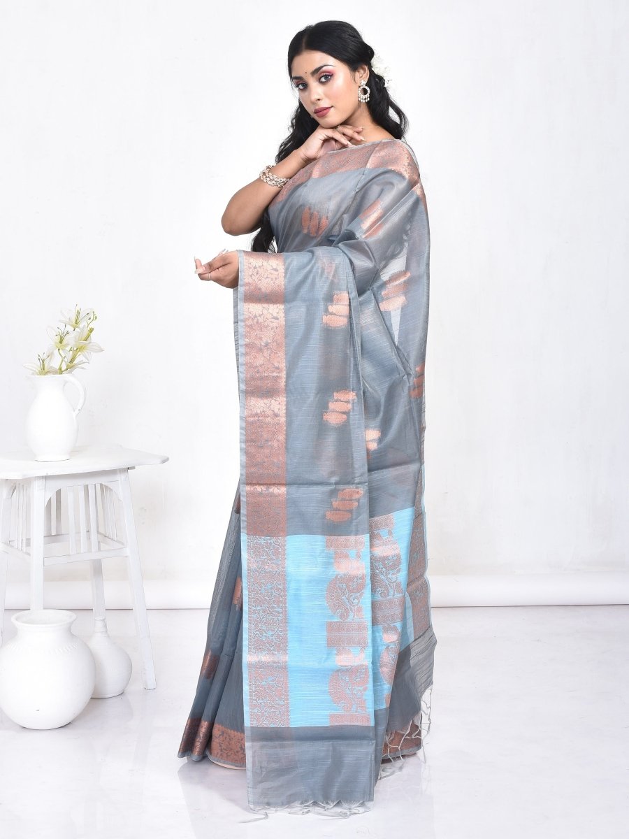 Grey Banaras Cotton Saree | Verified Sustainable by Brown Living™