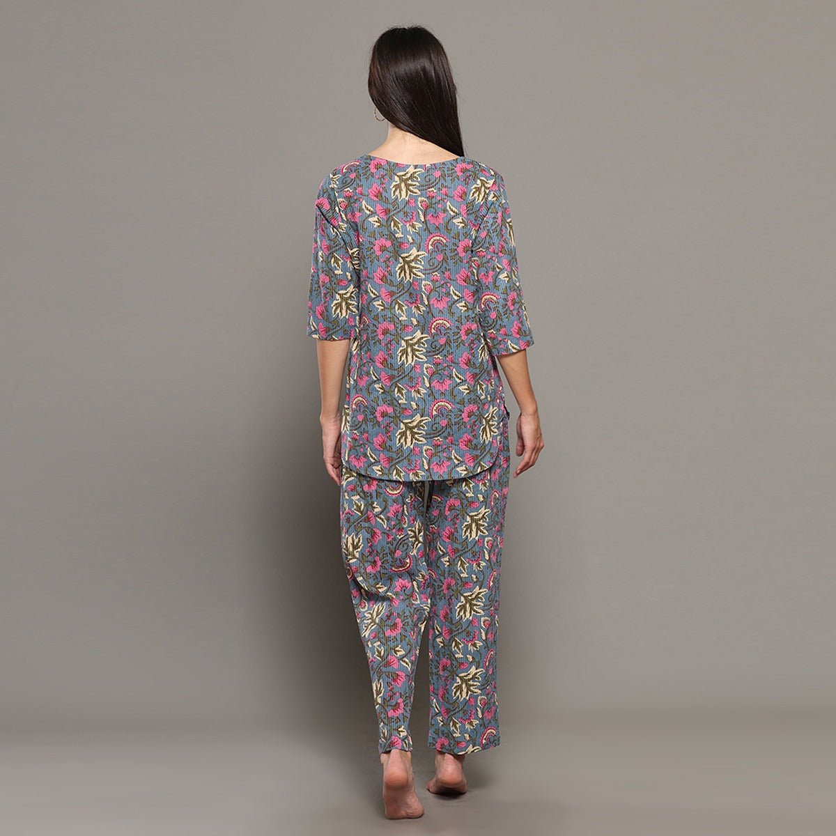 Grey Cotton Floral Kurta Set – Loungewear | Verified Sustainable by Brown Living™