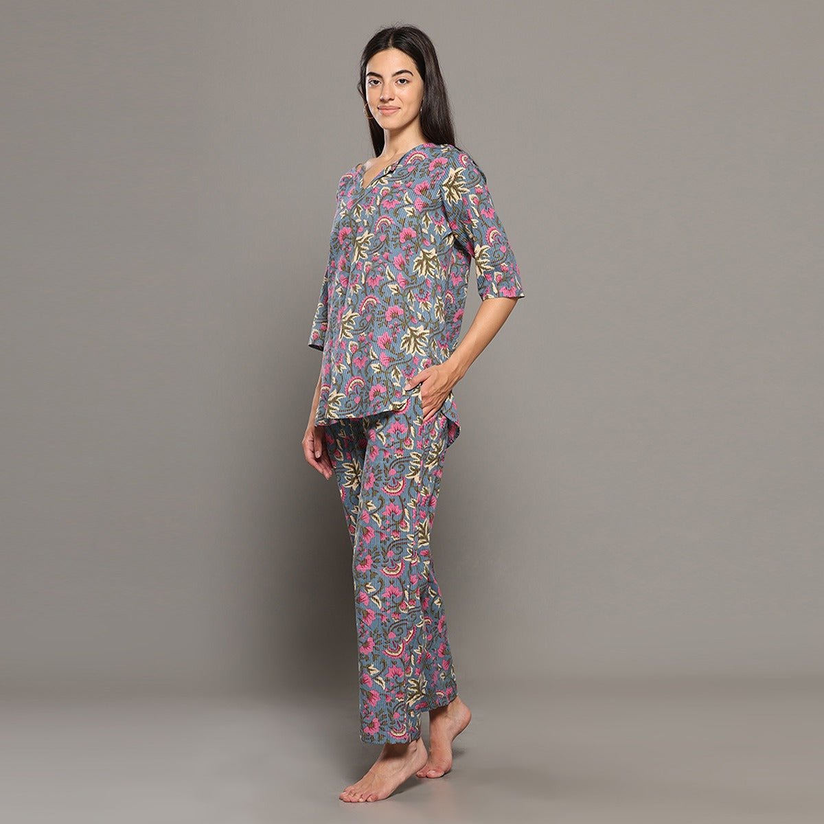 Grey Cotton Floral Kurta Set – Loungewear | Verified Sustainable by Brown Living™