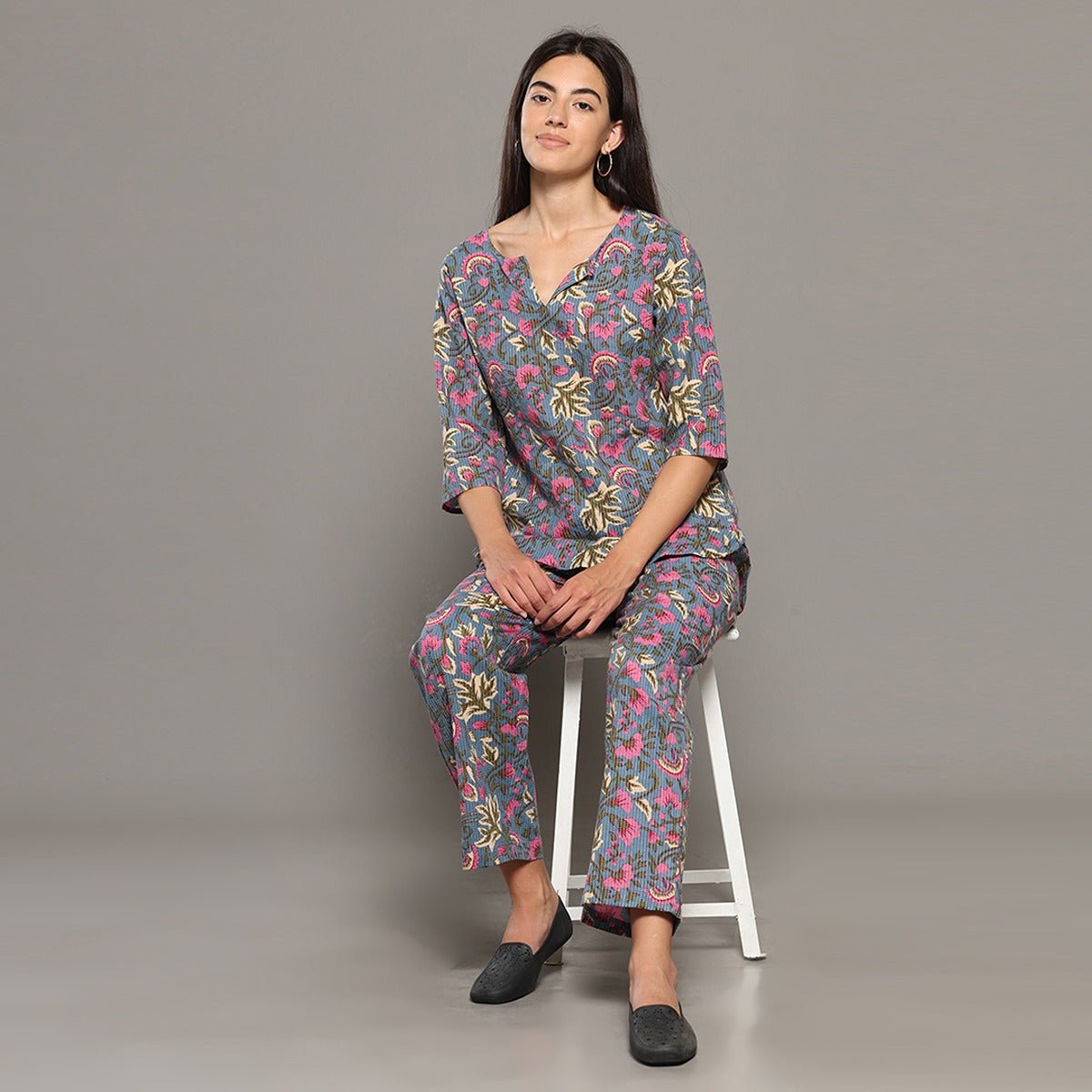 Grey Cotton Floral Kurta Set – Loungewear | Verified Sustainable by Brown Living™