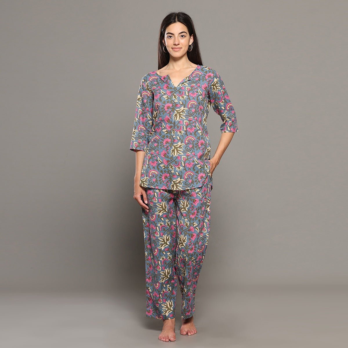 Grey Cotton Floral Kurta Set – Loungewear | Verified Sustainable by Brown Living™