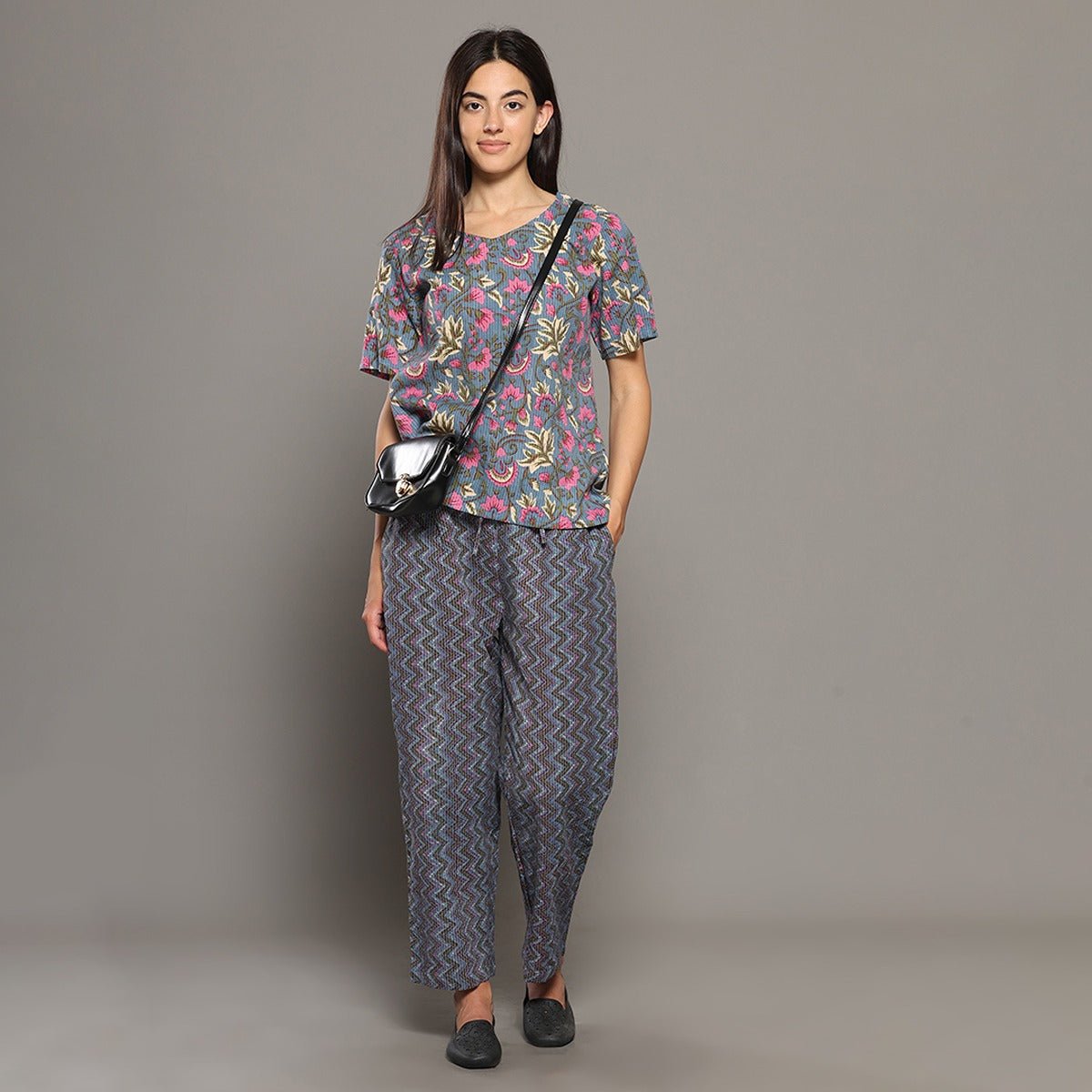 Grey Cotton Printed Top & Pants – Loungewear | Verified Sustainable by Brown Living™