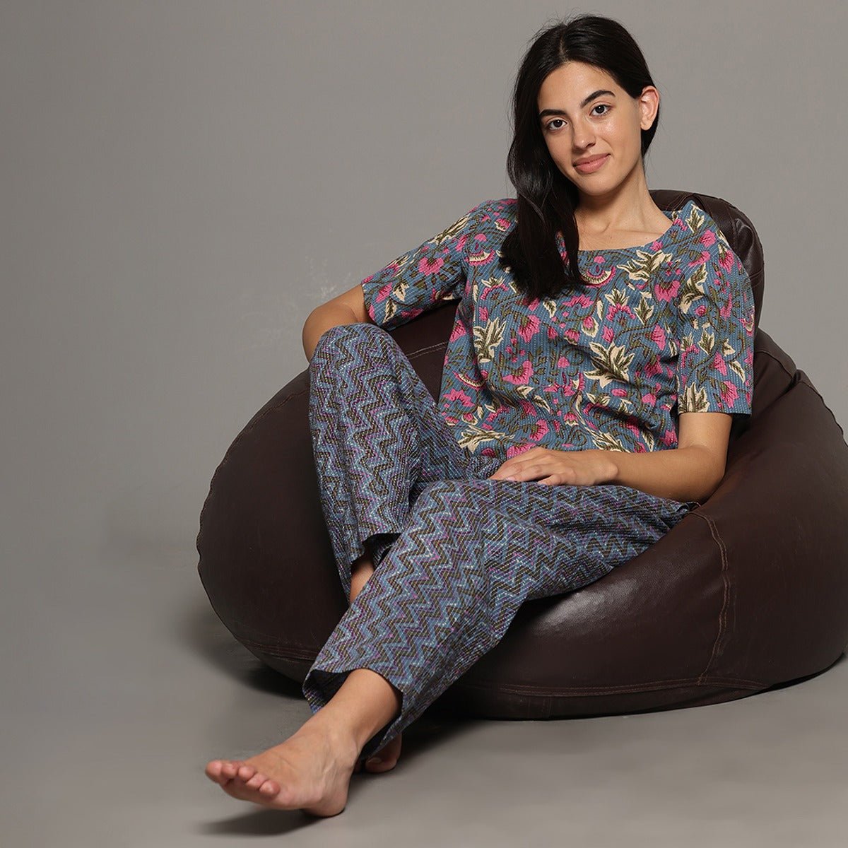 Grey Cotton Printed Top & Pants – Loungewear | Verified Sustainable by Brown Living™