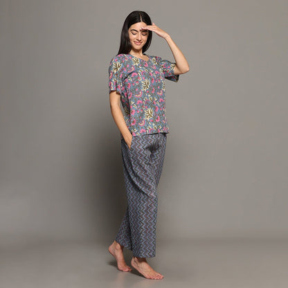 Grey Cotton Printed Top & Pants – Loungewear | Verified Sustainable by Brown Living™