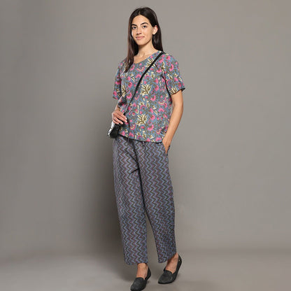 Grey Cotton Printed Top & Pants – Loungewear | Verified Sustainable by Brown Living™