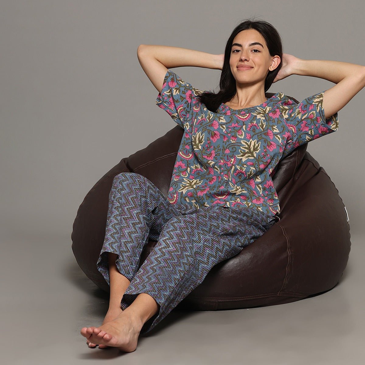 Grey Cotton Printed Top & Pants – Loungewear | Verified Sustainable by Brown Living™