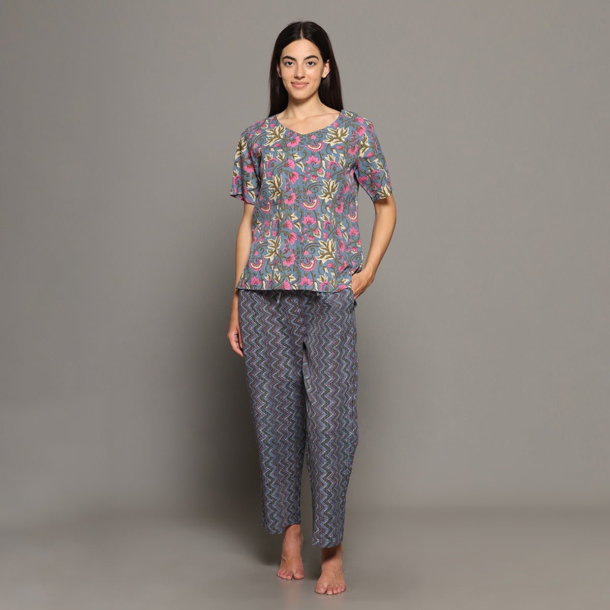 Grey Cotton Printed Top & Pants – Loungewear | Verified Sustainable by Brown Living™