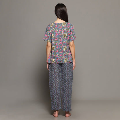 Grey Cotton Printed Top & Pants – Loungewear | Verified Sustainable by Brown Living™