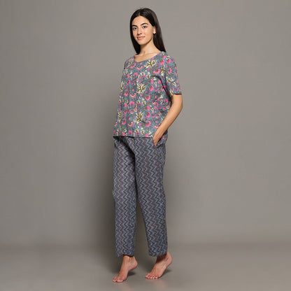 Grey Cotton Printed Top & Pants – Loungewear | Verified Sustainable by Brown Living™