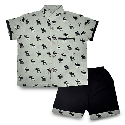 Grey Cotton Reindeer Design Printed Baby Shirt Pant Set | Verified Sustainable by Brown Living™