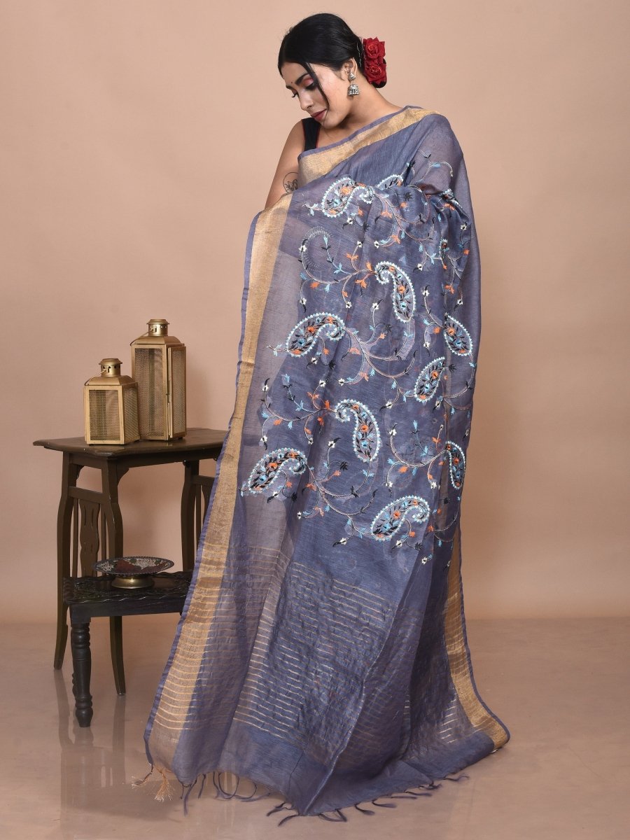 Grey Linen Saree with Kolki Design Machine Embroidery and Golden Zari Border | Verified Sustainable by Brown Living™